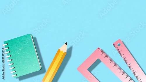 Various school supplies and stationery items on a blue background