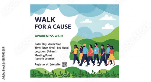 People walking for charity on a path with green hills and blue sky background