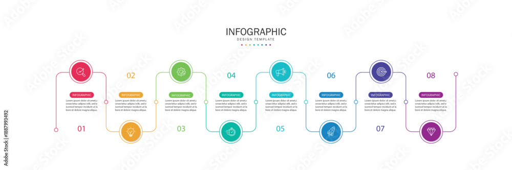 Fototapeta premium Business infographic template. 8 Step timeline journey. Process diagram, Infographic elements vector illustration. 