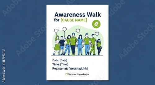 Awareness walk event poster with people and speech bubbles on blue