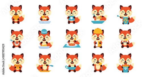 Cartoon Fox Character Cooking Various Dishes Set