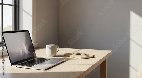 Modern Remote Work Desk with Laptop and Coffee