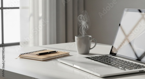 Modern Remote Work Desk with Laptop and Coffee