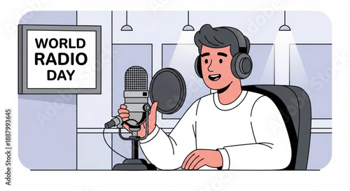 Man wearing headphones speaking into microphone on world radio day in studio