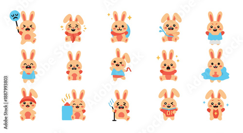 Cartoon Bunny Character with Various Emotions and Accessories