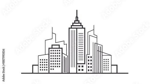 Black and white line drawing of a modern city skyline