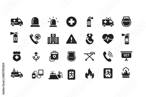 Emergency Services and Medical Response Icon Set: Ambulance, First Aid, and Safety Symbols