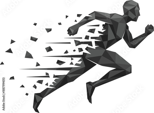 Abstract Geometric Runner Fragmenting into Particles on White Background untitled