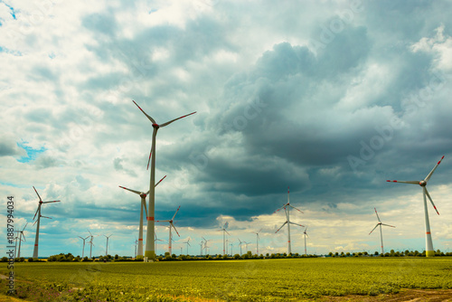 Wind turbines on a Field generating renewable energy under a partly cloudy sky, symbolizing sustainable power production and modern environmental technology