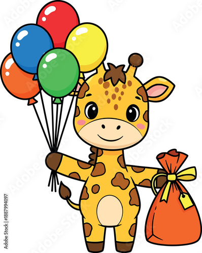 Cute cartoon baby giraffe holding colorful balloons and a red gift bag