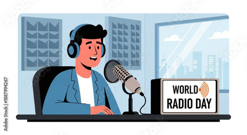 Man in headphones speaking into microphone on world radio day in studio