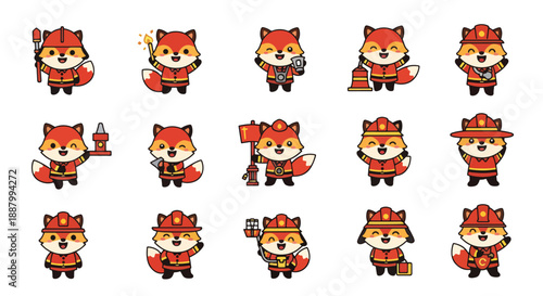 Set of Cute Cartoon Fox Firefighter Characters