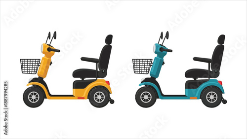 Two Mobility Scooters in Yellow and Teal for Elderly or Disabled People Vector Illustration Set.eps