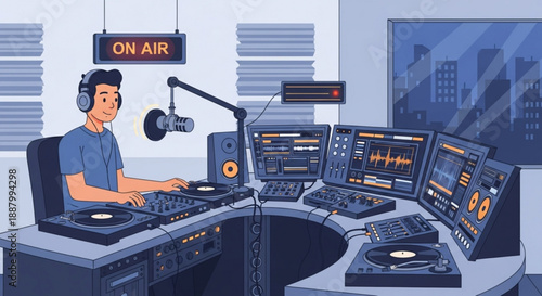 Dj working in radio station studio with on air sign and equipment