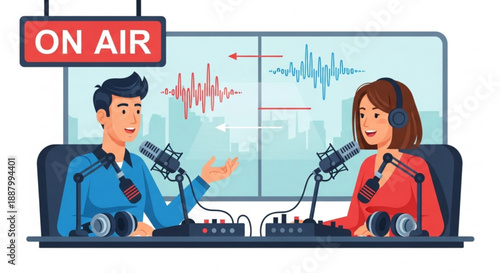 Male and female radio hosts broadcasting live in studio with on air sign