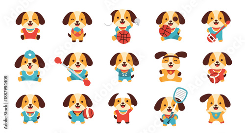 Cute Cartoon Dog Characters in Various Professions and Sports