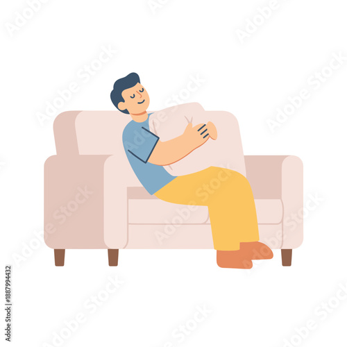 Man Napping on Sofa Hugging Pillow Flat Vector Illustration
