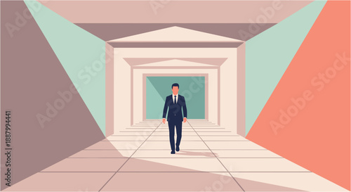 Confident businessman walking through a long, illuminated corridor with classical architectural elements, symbolizing ambition and career progression.
