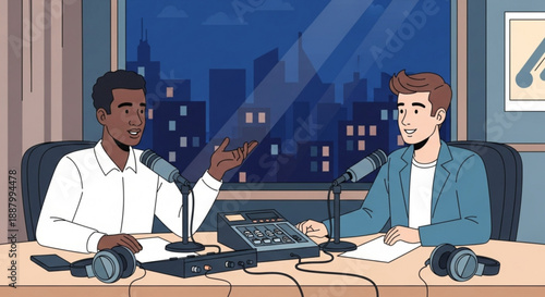 Two men podcasting in a studio with city view at night