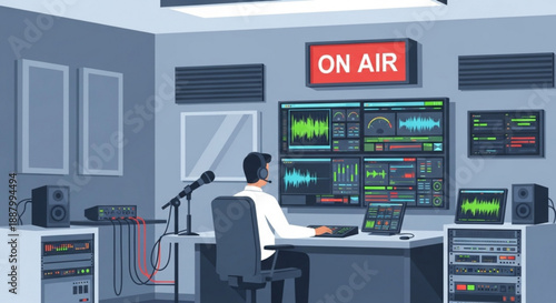 Radio dj working in studio with on air sign and sound mixing equipment