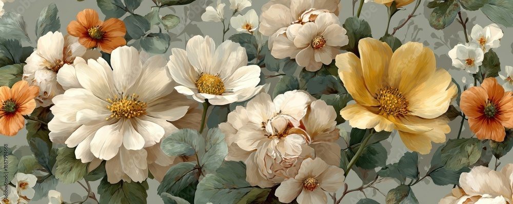 Fototapeta premium Watercolor floral pattern with muted colors for wall decor, wallpaper, and home design