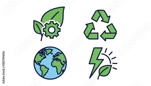 Collection of green environmental icons representing sustainability, recycling, global ecology, and renewable energy.