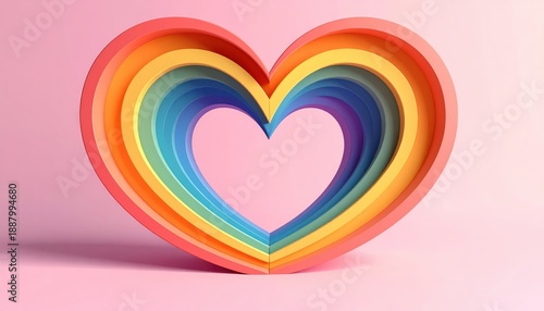 Heart-shaped rainbow arc, soft hues and gentle curves, flat design 
