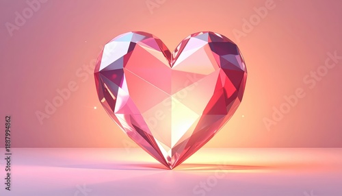 Romantic crystal heart, geometric facets and soft glow, flat design