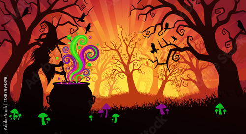 Halloween night vector illustration of a witch stirring a cauldron in a spooky forest with magical glowing mushrooms and silhouetted trees