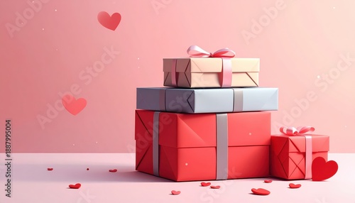 Valentine gift stack, geometric wrapping and tiny hearts, flat design