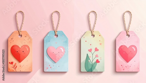 Valentine gift tags, pastel accents and clean shapes, flat design