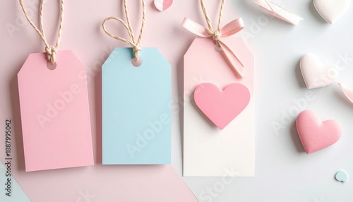 Valentine gift tags, pastel accents and clean shapes, flat design 