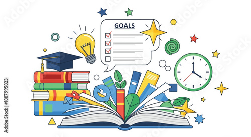 Educational concept featuring an open book graduation cap clock lightbulb and defined academic goals
