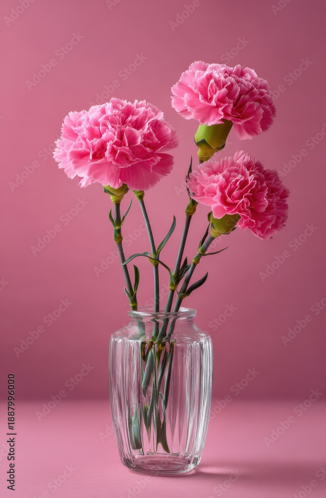 Obraz premium A minimalist still life featuring three vibrant pink carnations arranged in a clear, ribbed glass vase against a soft pink backdrop.