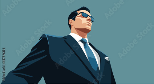 Confident businessman in a sharp suit and sunglasses, exuding success and leadership against a clean, minimalist background.