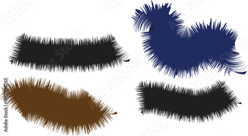 Four abstract brush stroke shapes in black brown and blue on white background Keywords: abstract, brush stroke, ink, paint