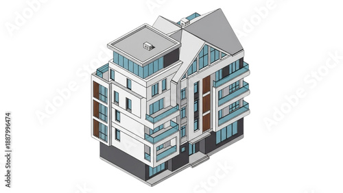 Contemporary 3D isometric illustration of a modern residential building featuring multiple floors and balconies, ideal for urban living concepts
