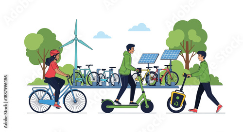 People utilizing diverse renewable energy transport options including bikes electric scooters and personal mobility devices