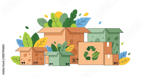 Assortment of open and closed cardboard shipping boxes filled with vibrant green foliage symbolizing eco-friendly delivery