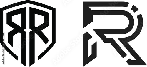 Set of Modern Monogram R Logo Designs Featuring a Double R Shield Emblem and Geometric Line Art Initial for Professional Corporate Branding and Security Identity