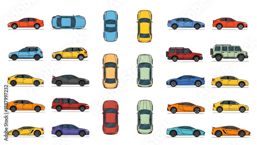 Car Vector Set Top and Side View for CAD Architectural Design