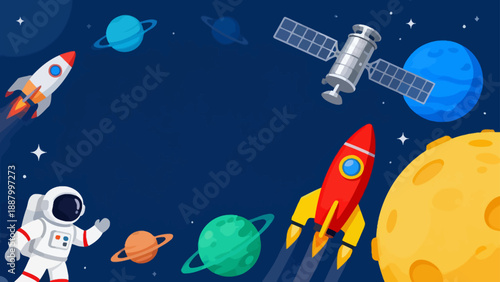 Space scene with astronaut rocket and planets