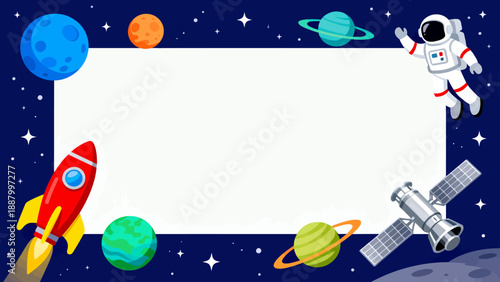 Space themed illustration with planets astronaut and rocket