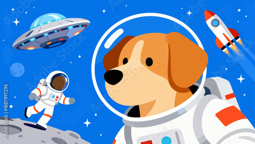 Dog in space suit with astronaut and spaceship