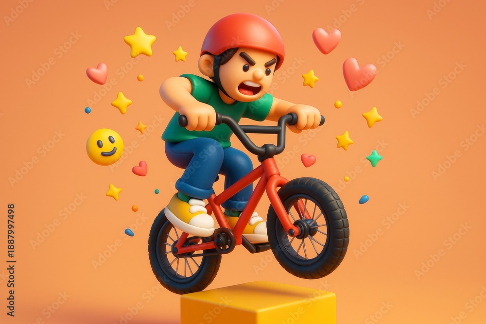 Fototapeta premium Energetic cartoon boy performing BMX stunt with red helmet and colorful emojis on orange background, expressing fun and sport enthusiasm. Ai generative