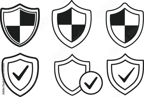 Six shield icons with checkmarks and divided sections on a white background Keywords: shield, security, protection, safety