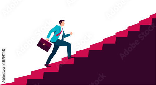 Ambitious businessman in a suit carrying a briefcase, confidently ascending a vibrant red and purple staircase, symbolizing career progression and success.