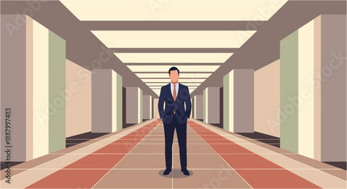 Confident businessman standing in a long, modern corridor, symbolizing ambition, success, and the journey of corporate leadership.
