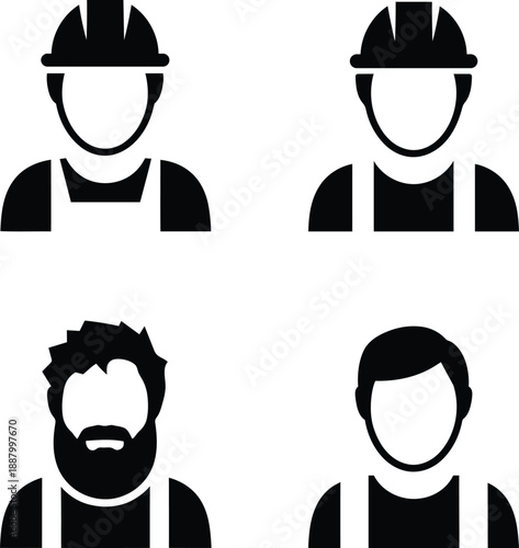 Set of four diverse worker icons including hard hat and beard styles in simple silhouette form