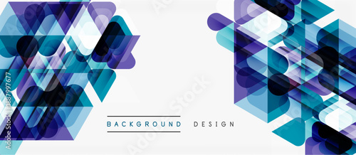 Abstract geometric shapes, blue purple hues, modern design. Clean white space provides balance, visual appeal.